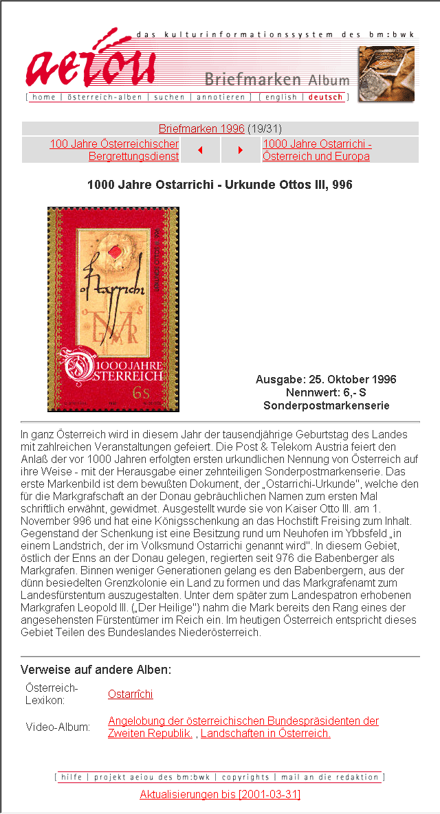 1000 Jahre Ostarrichi - Urkunde Ottos III, 996